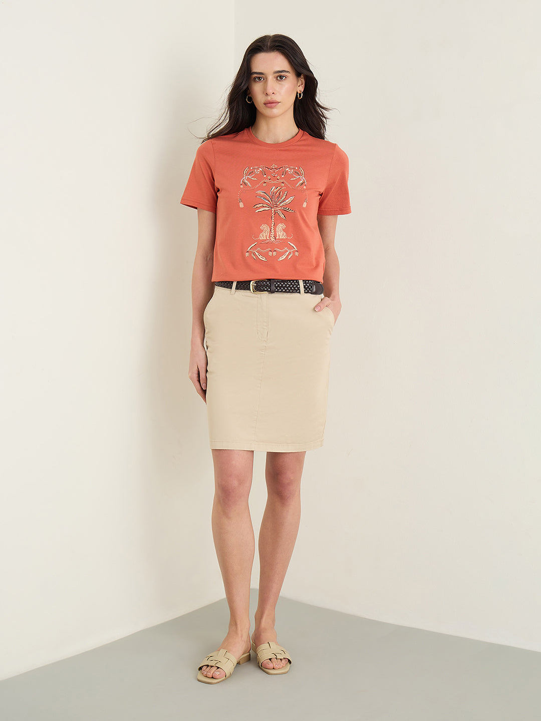 Iconic WoMen Orange Graphic Round Neck T-Shirt