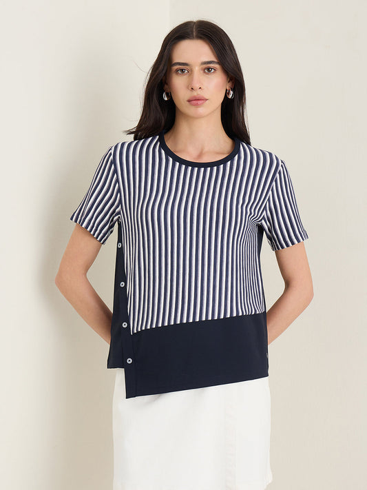 Iconic Women Navy Blue Striped Round Neck T-Shirt