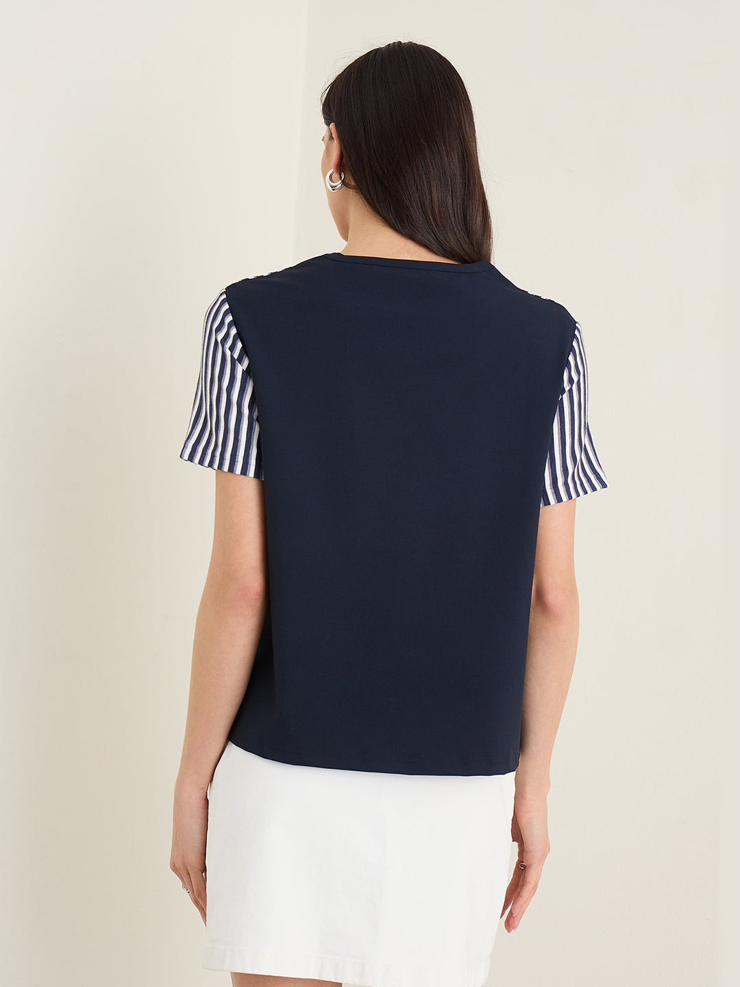 Iconic Women Navy Blue Striped Round Neck T-Shirt