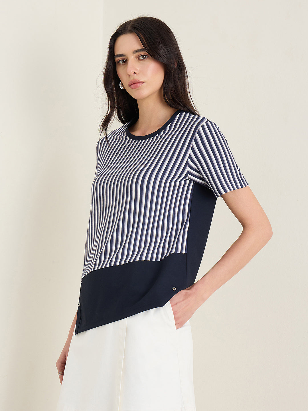 Iconic Women Navy Blue Striped Round Neck T-Shirt