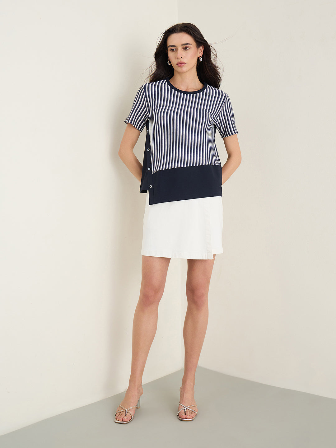 Iconic Women Navy Blue Striped Round Neck T-Shirt