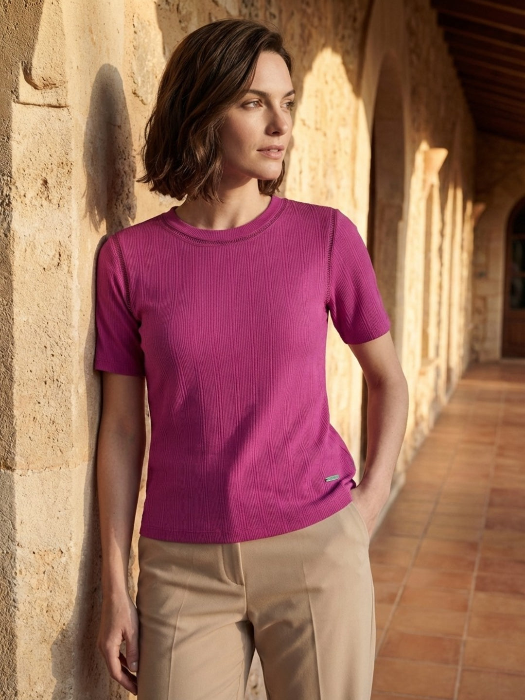 Iconic Women Pink Striped Regular Fit T-Shirt