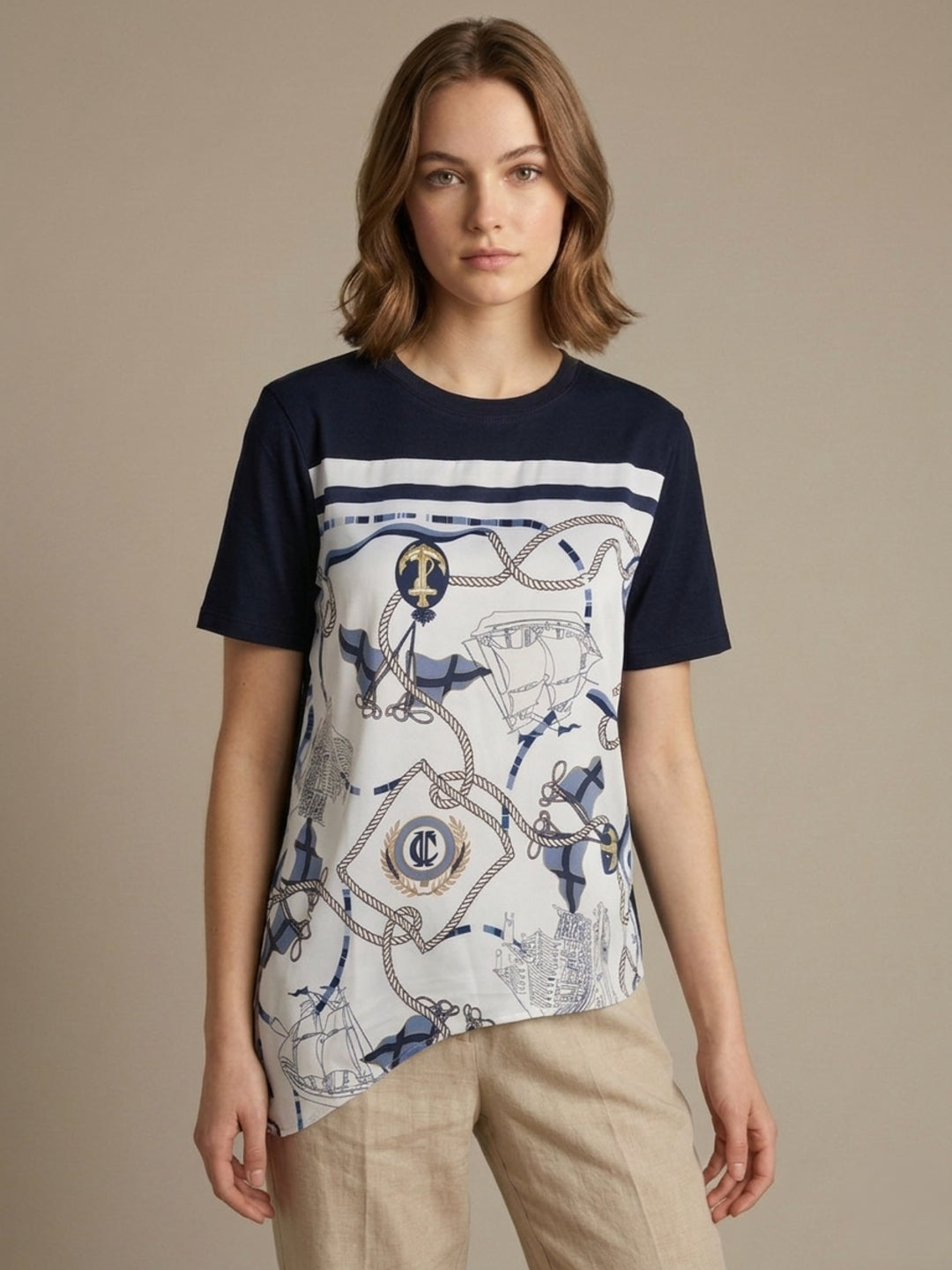 Iconic Women Blue Printed Loose Fit T-Shirt