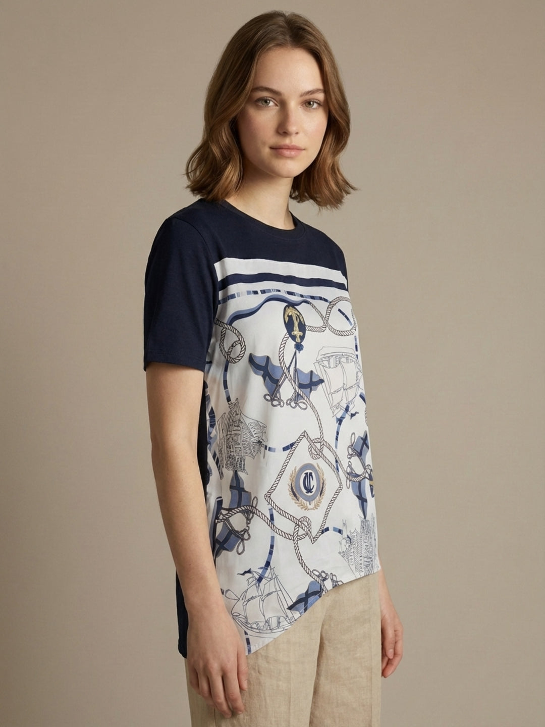 Iconic Women Blue Printed Loose Fit T-Shirt