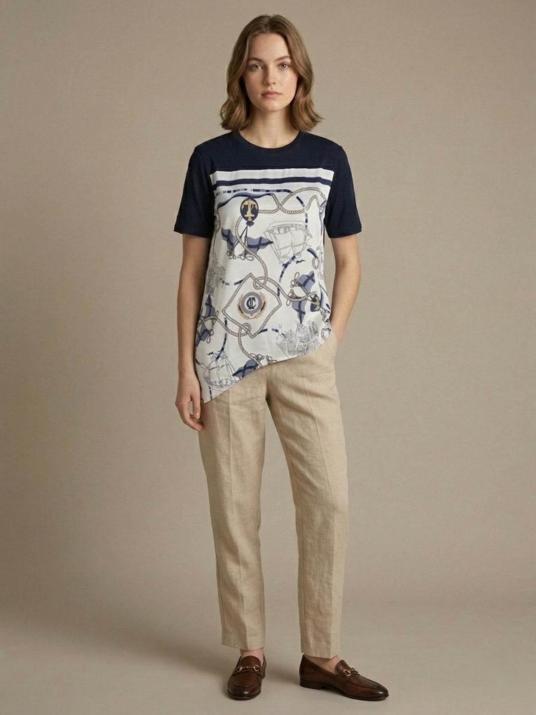 Iconic Women Blue Printed Loose Fit T-Shirt