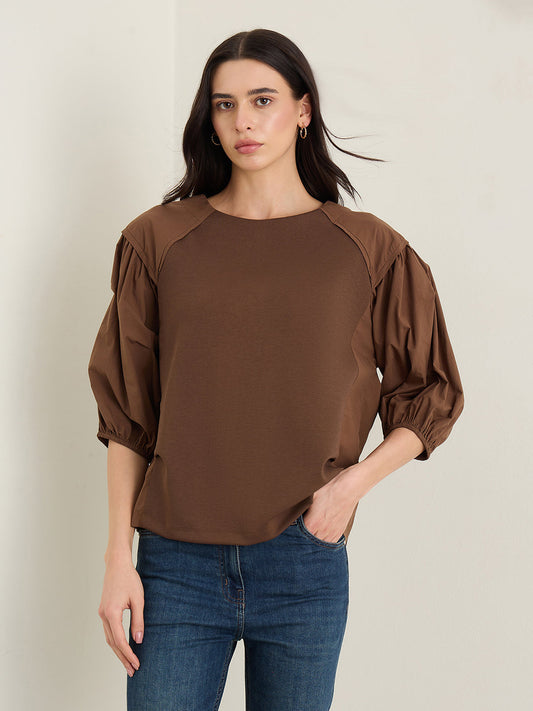 Iconic Women Brown Textured Loose Fit Top