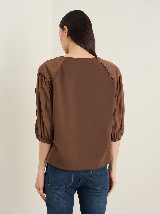 Iconic Women Brown Textured Loose Fit Top