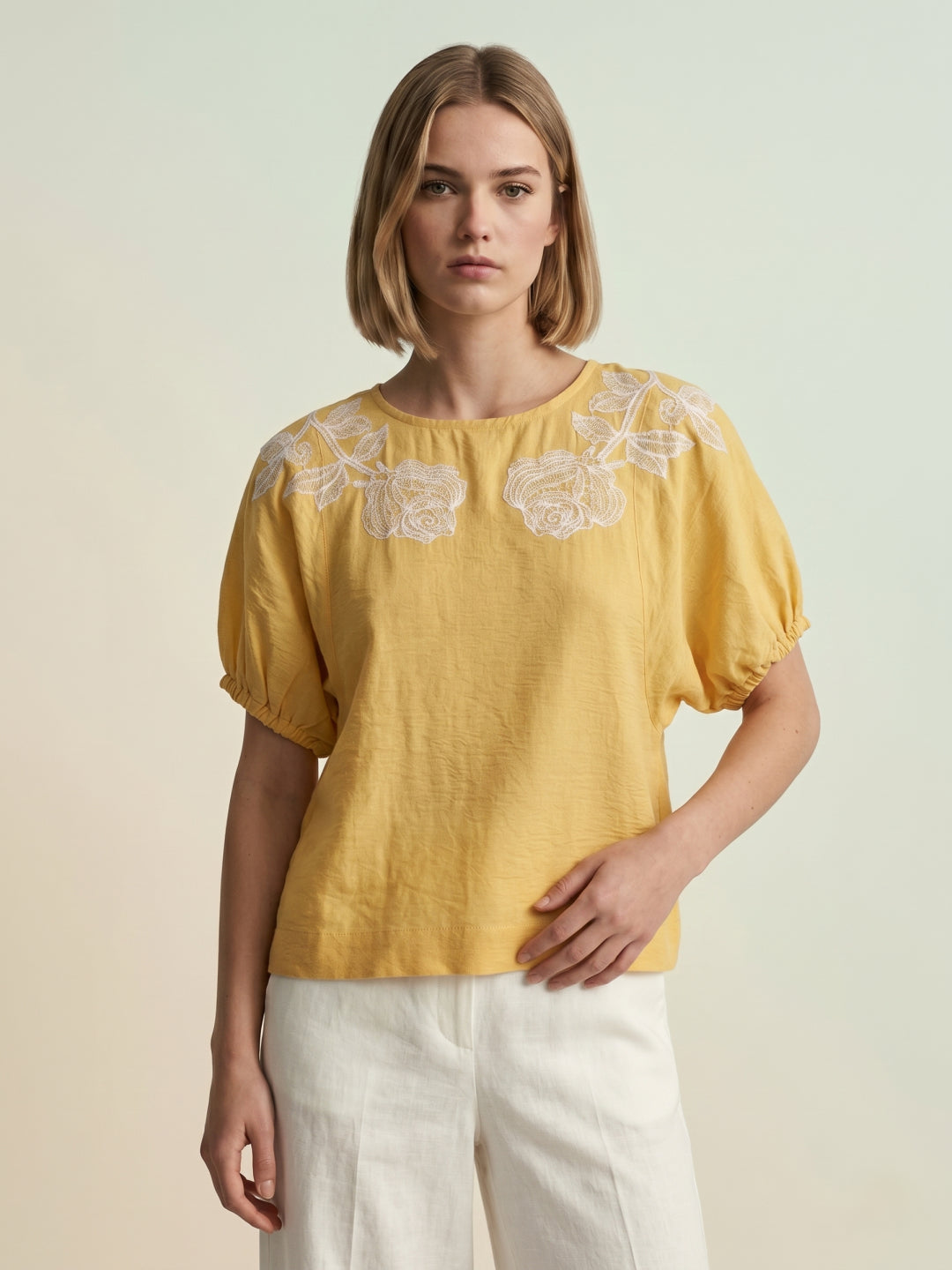 Iconic Women Yellow Solid Regular Fit Top