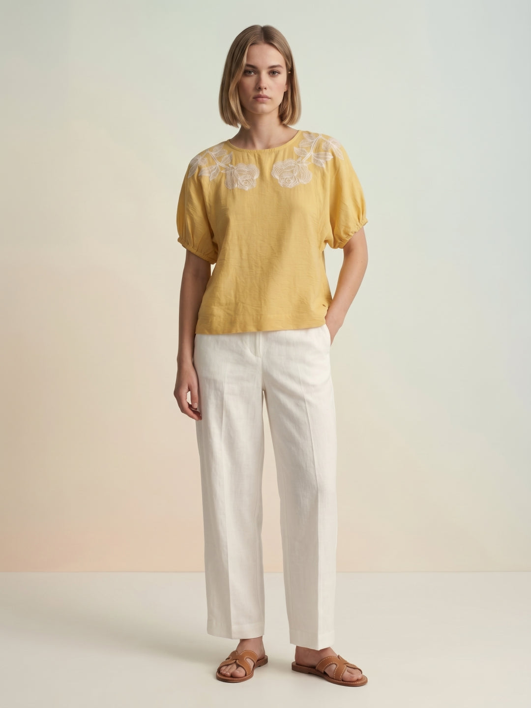 Iconic Women Yellow Solid Regular Fit Top
