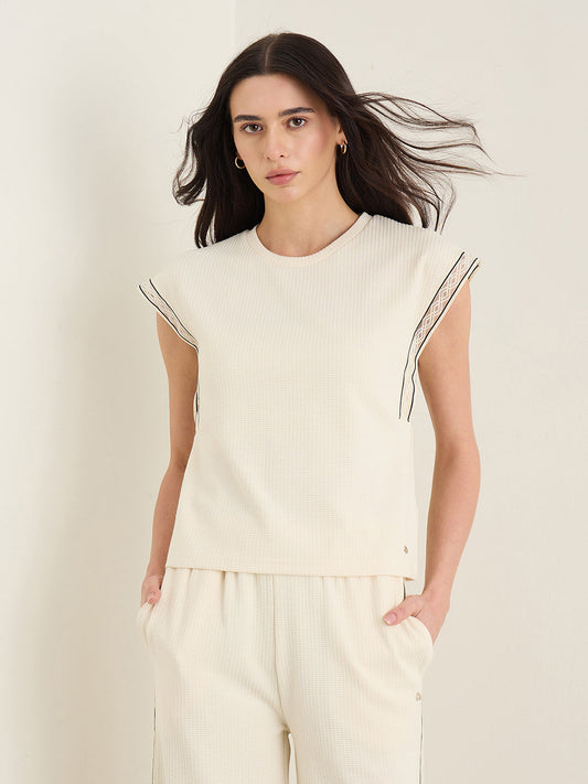 Iconic Women Cream Self Design Regular Fit Top