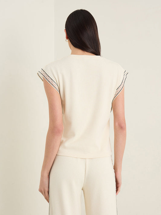 Iconic Women Cream Self Design Regular Fit Top