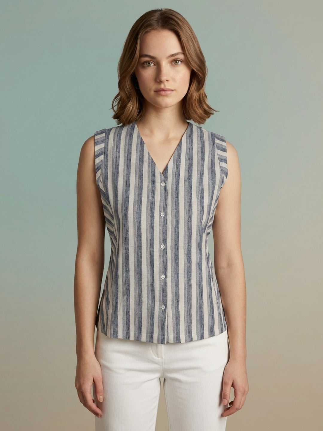 Iconic Women Cream Striped Regular Fit Top