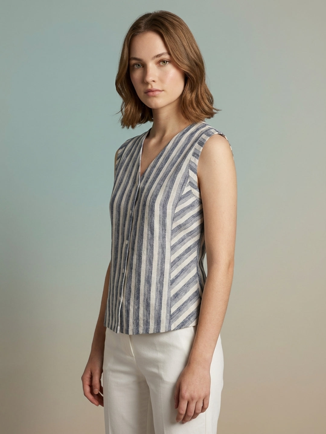 Iconic Women Cream Striped Regular Fit Top