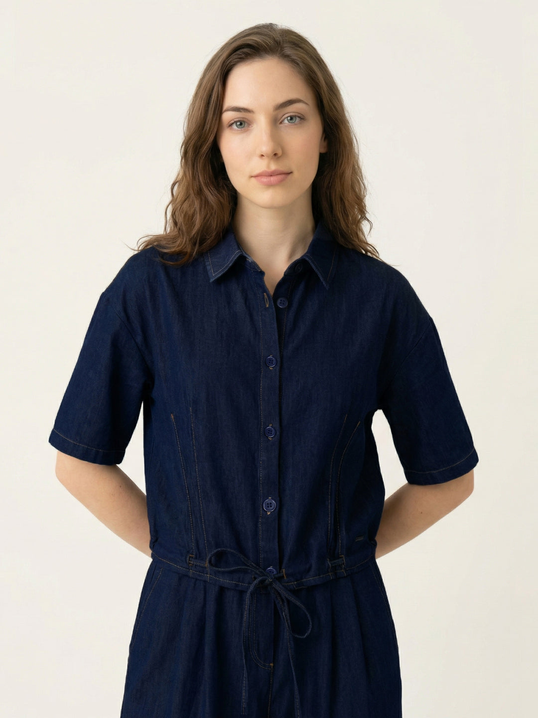 Iconic Women Navy Blue Solid Regular Fit Shirt