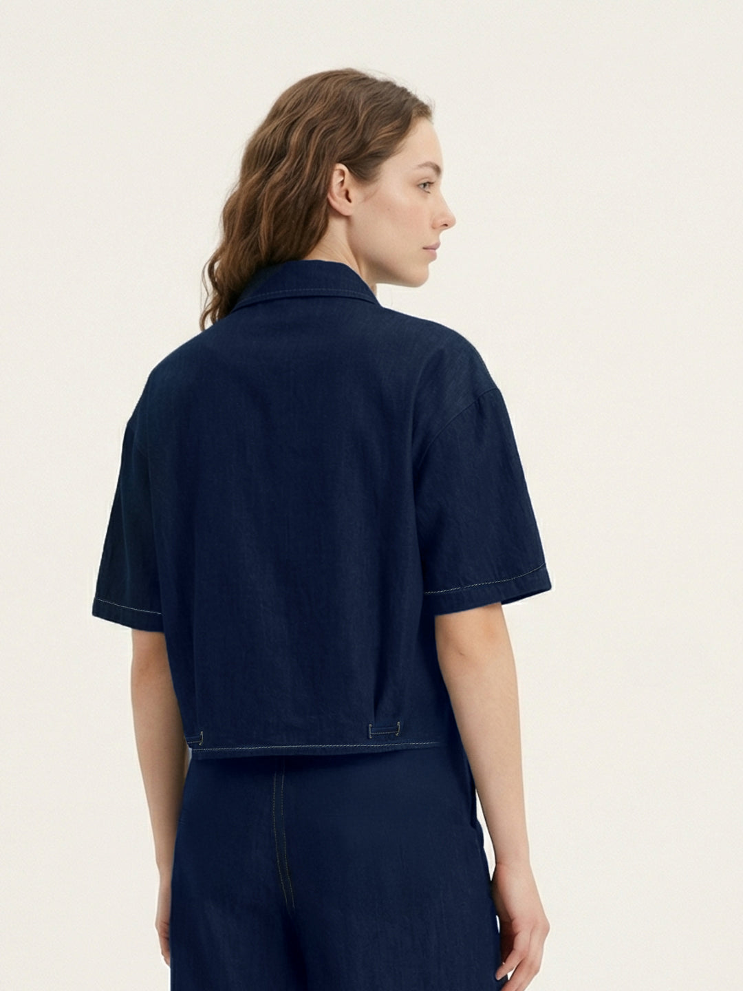 Iconic Women Navy Blue Solid Regular Fit Shirt