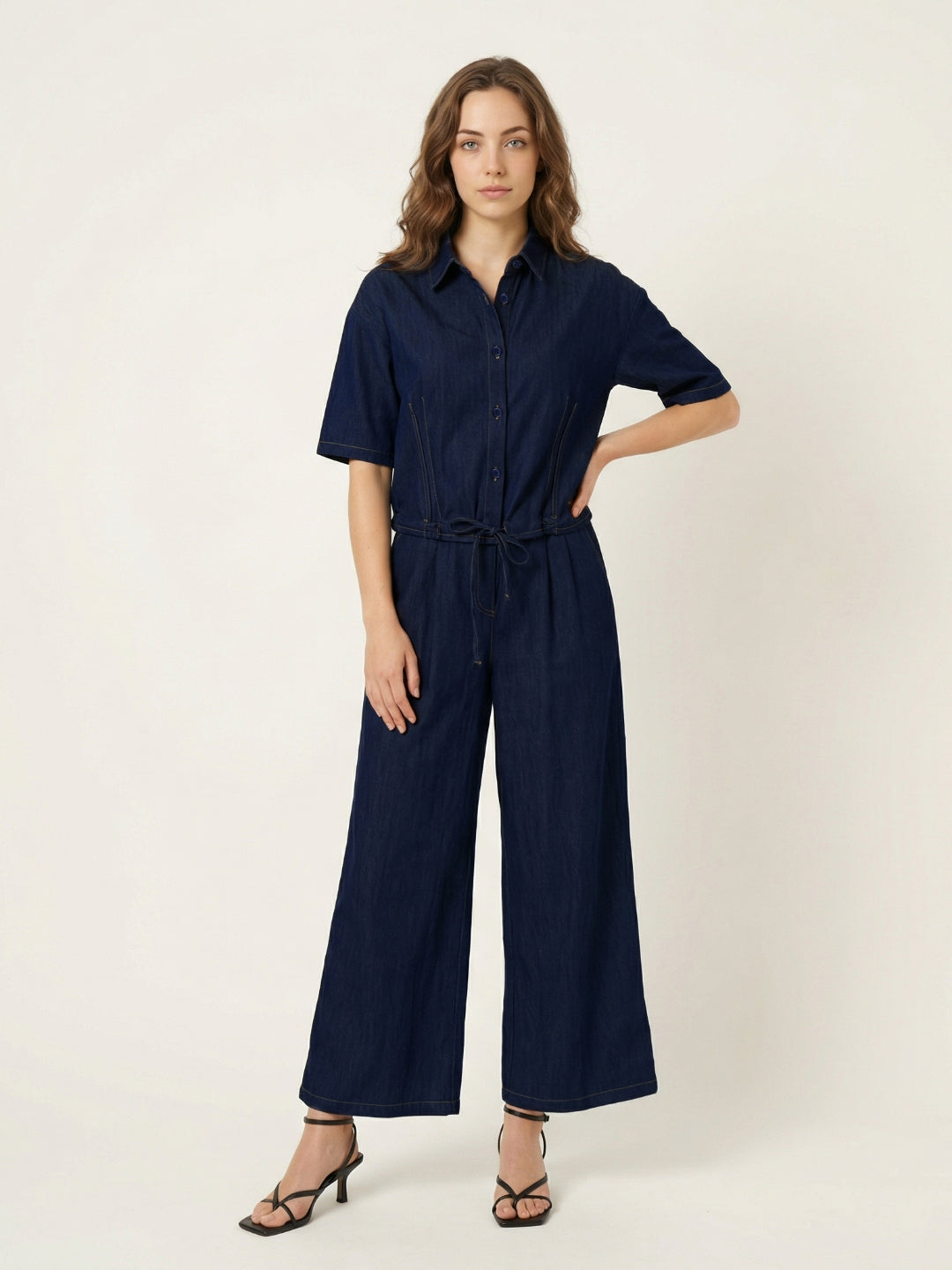 Iconic Women Navy Blue Solid Regular Fit Shirt