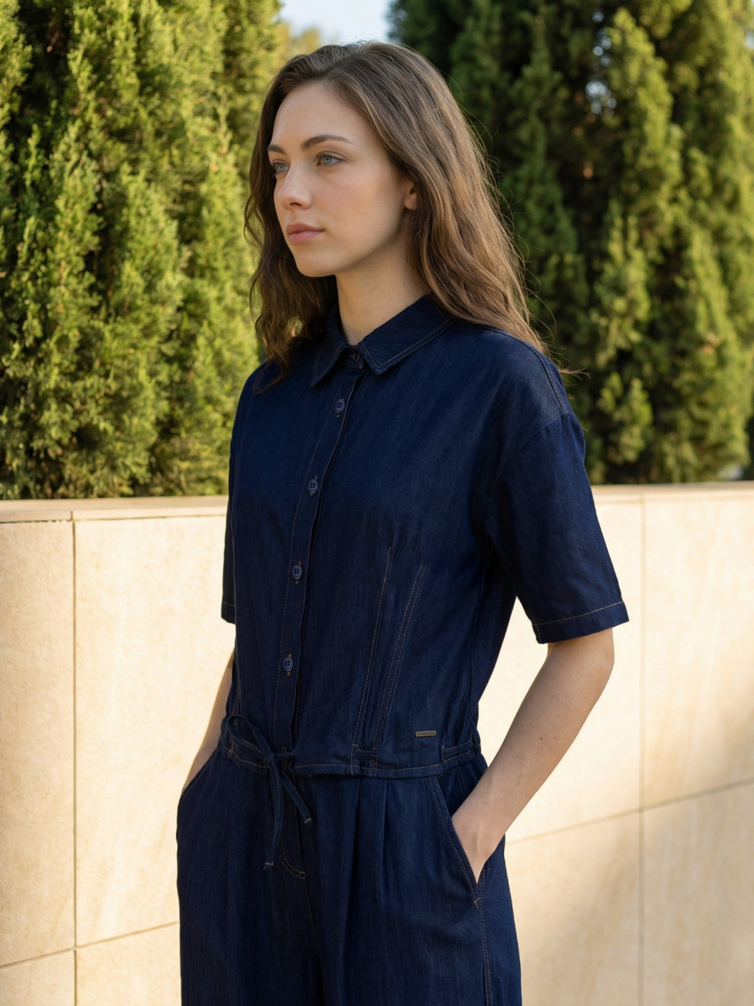 Iconic Women Navy Blue Solid Regular Fit Shirt