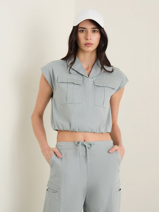 Iconic Women Mint Green Solid Loose Fit Pure Cotton Top