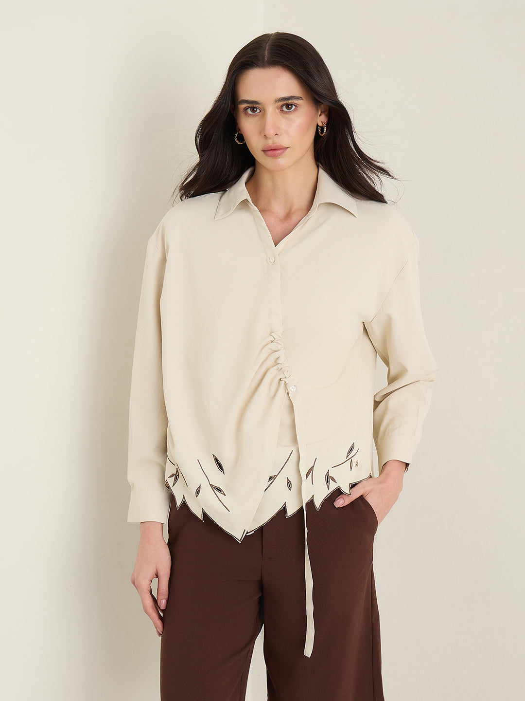 Iconic Women Beige Shirt Collar Top