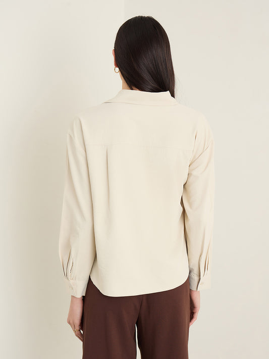 Iconic Women Beige Shirt Collar Top