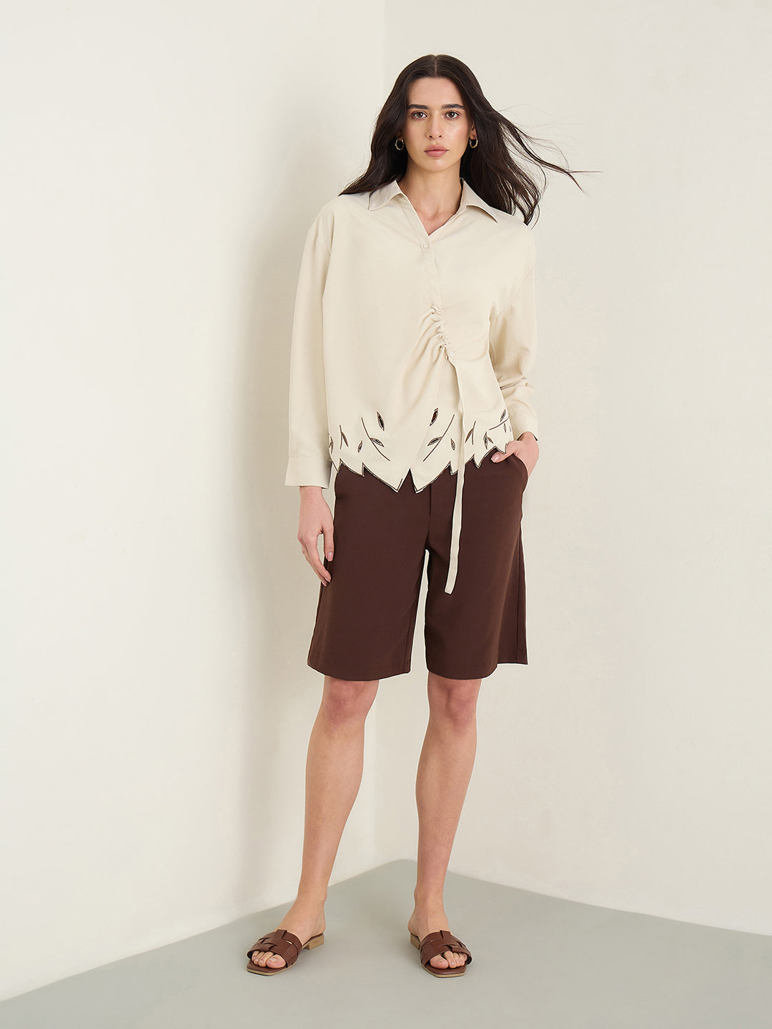 Iconic Women Beige Shirt Collar Top