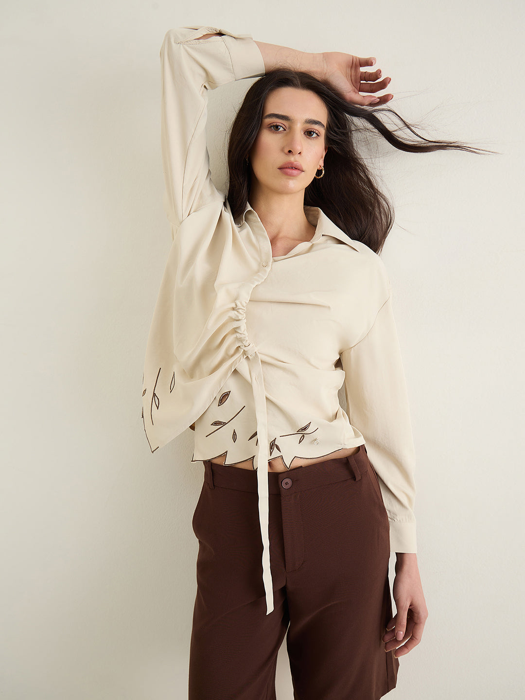 Iconic Women Beige Shirt Collar Top