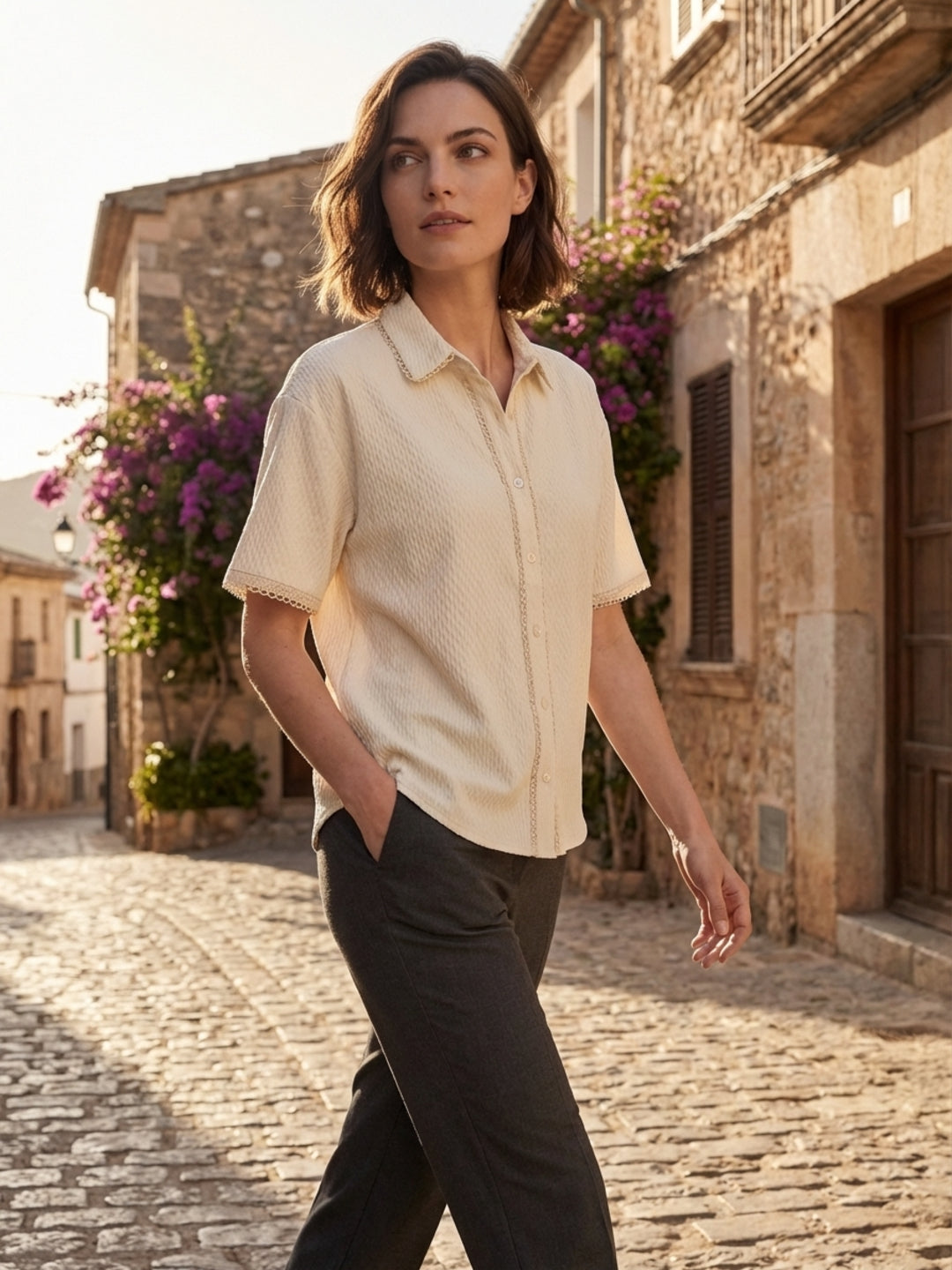 Iconic Women Cream Textured Lace Detail Top