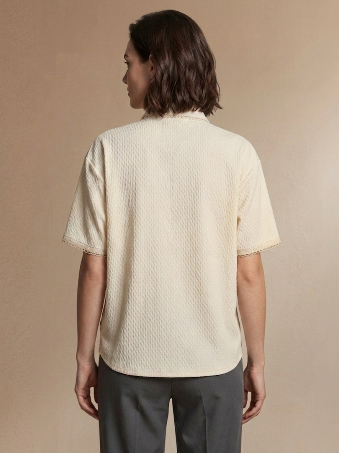 Iconic Women Cream Textured Lace Detail Top