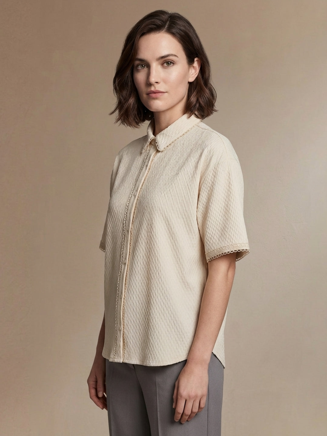 Iconic Women Cream Textured Lace Detail Top