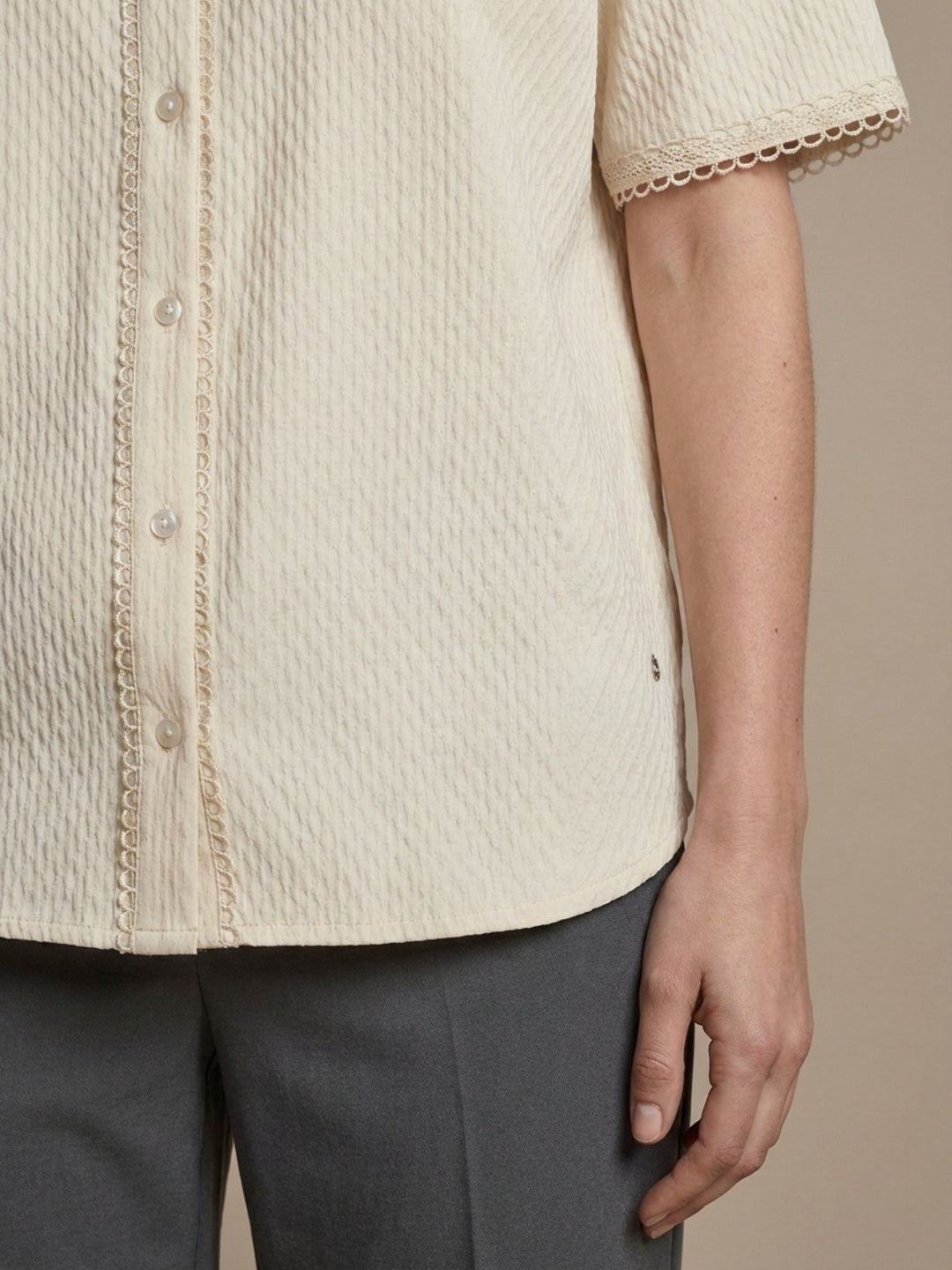 Iconic Women Cream Textured Lace Detail Top