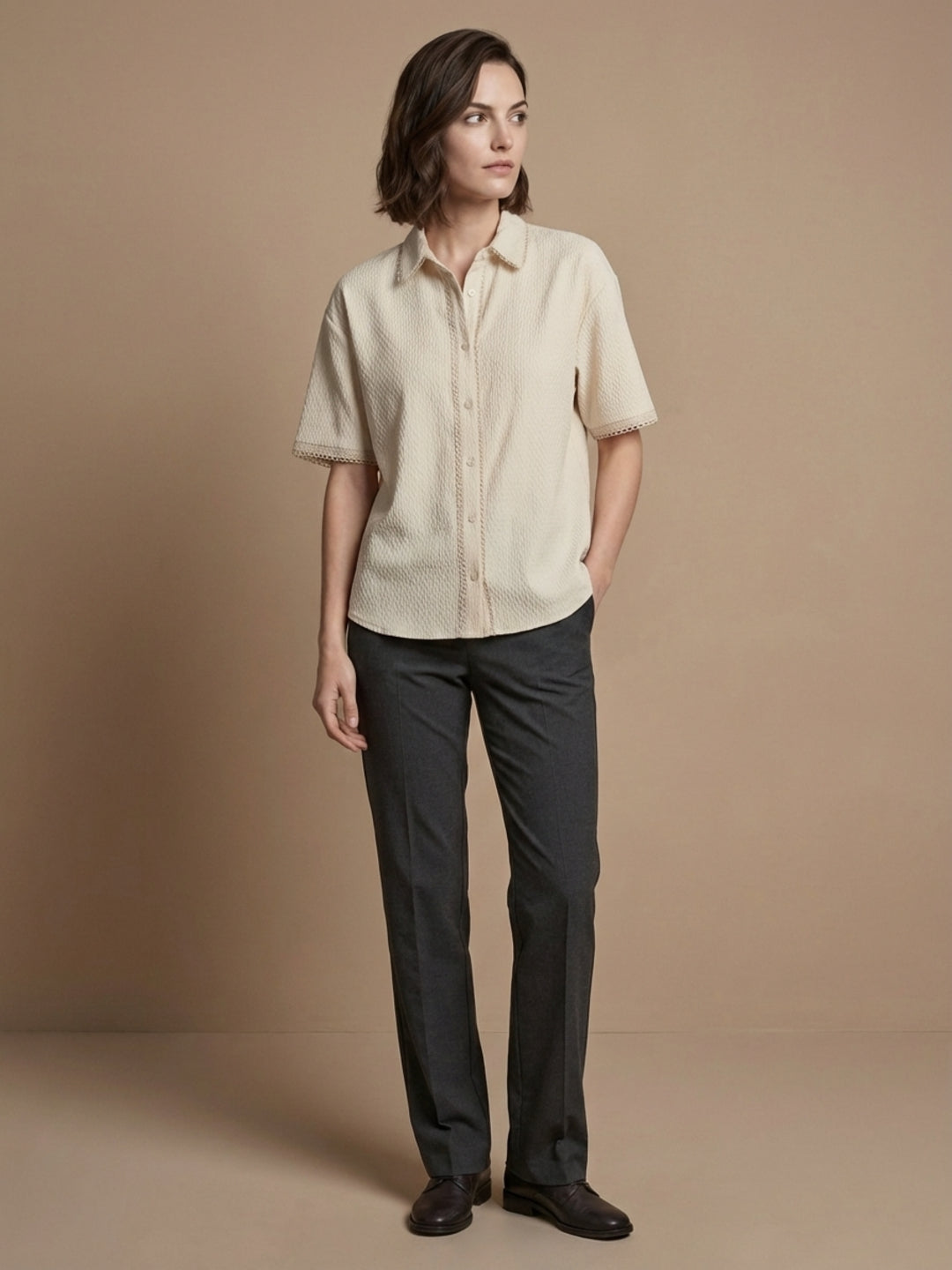 Iconic Women Cream Self Design Regular Fit Top