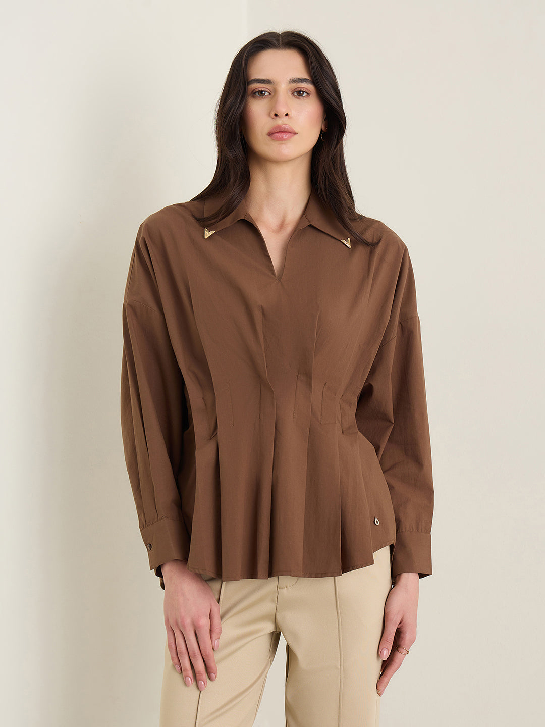 Iconic Women Brown Shirt Collar Top