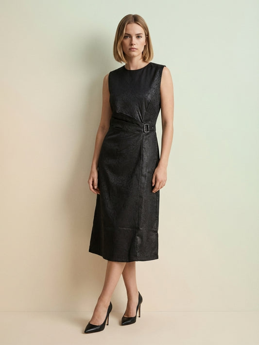 Iconic Women Black Jacquard Dress With Belt