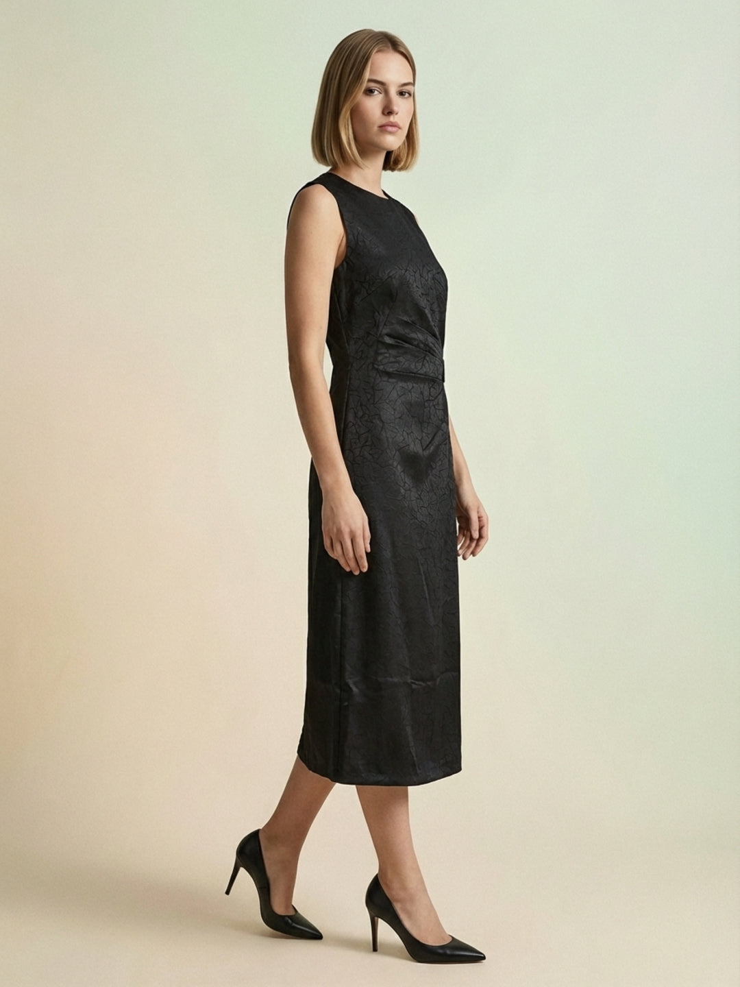 Iconic Women Black Jacquard Dress With Belt