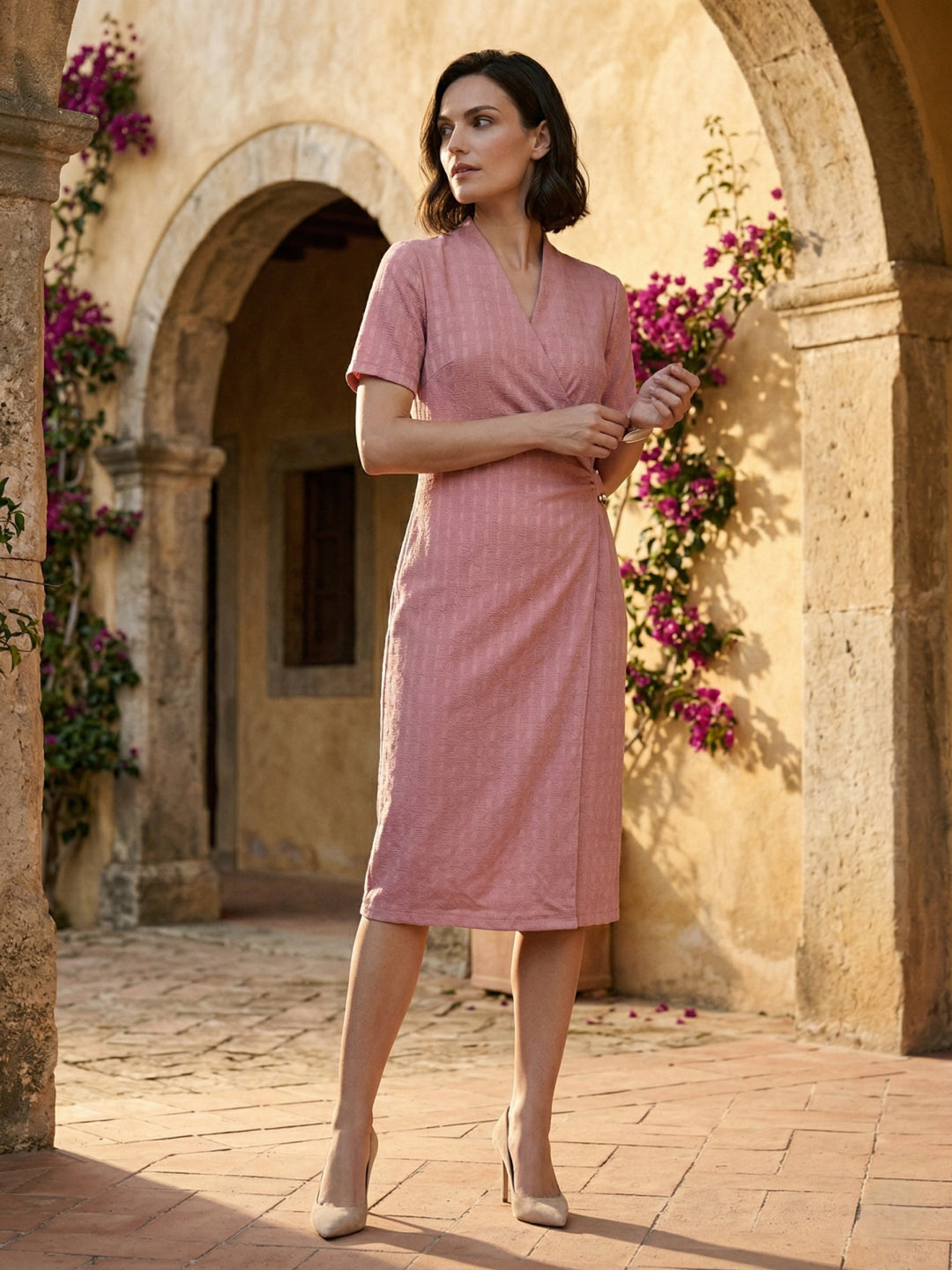 Iconic Women Pink Knitted Wrap Dress With Metal Trim