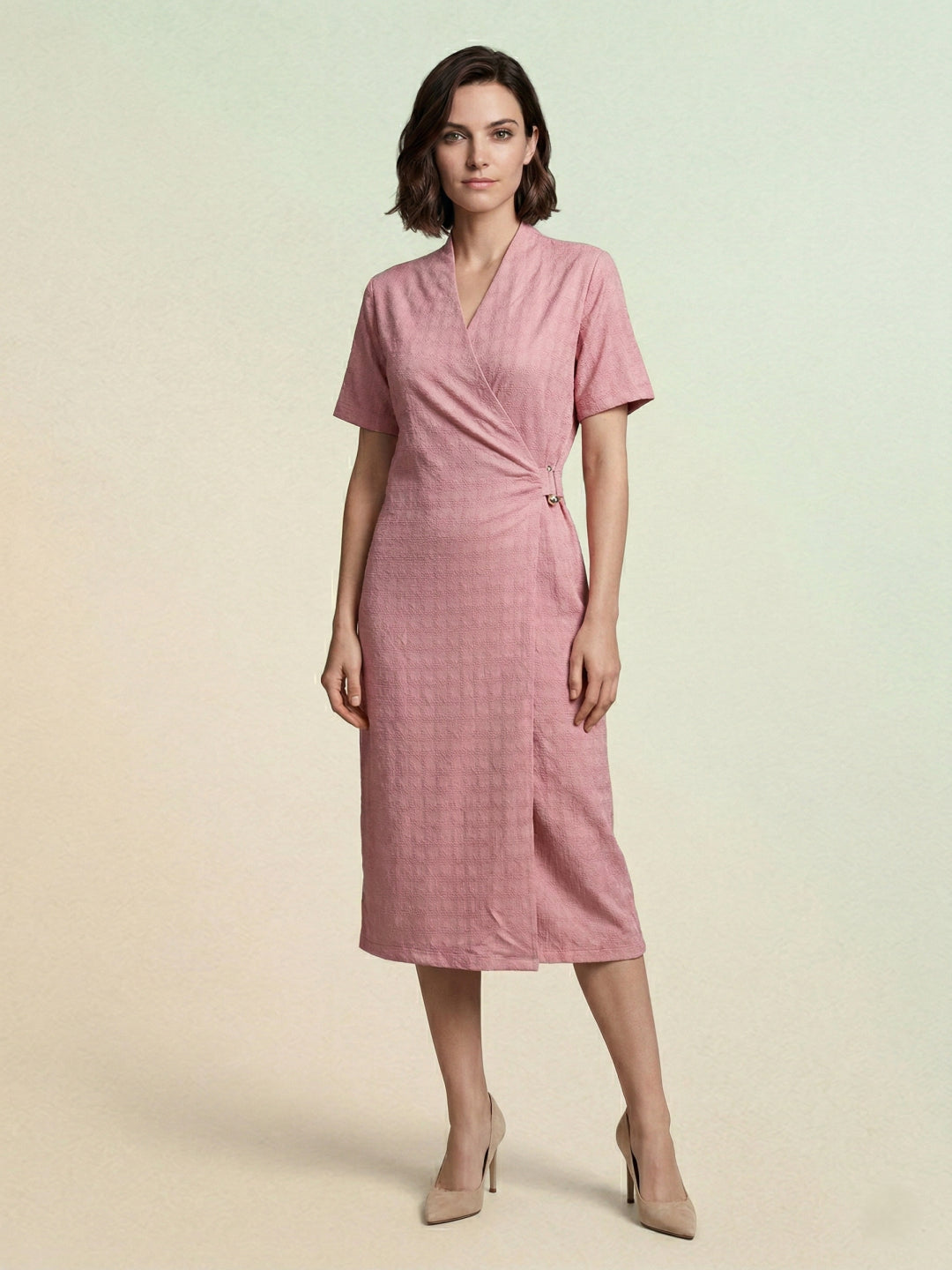 Iconic Women Pink Knitted Wrap Dress With Metal Trim