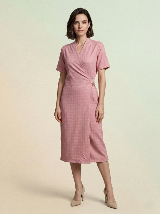 Iconic Women Pink Knitted Wrap Dress With Metal Trim