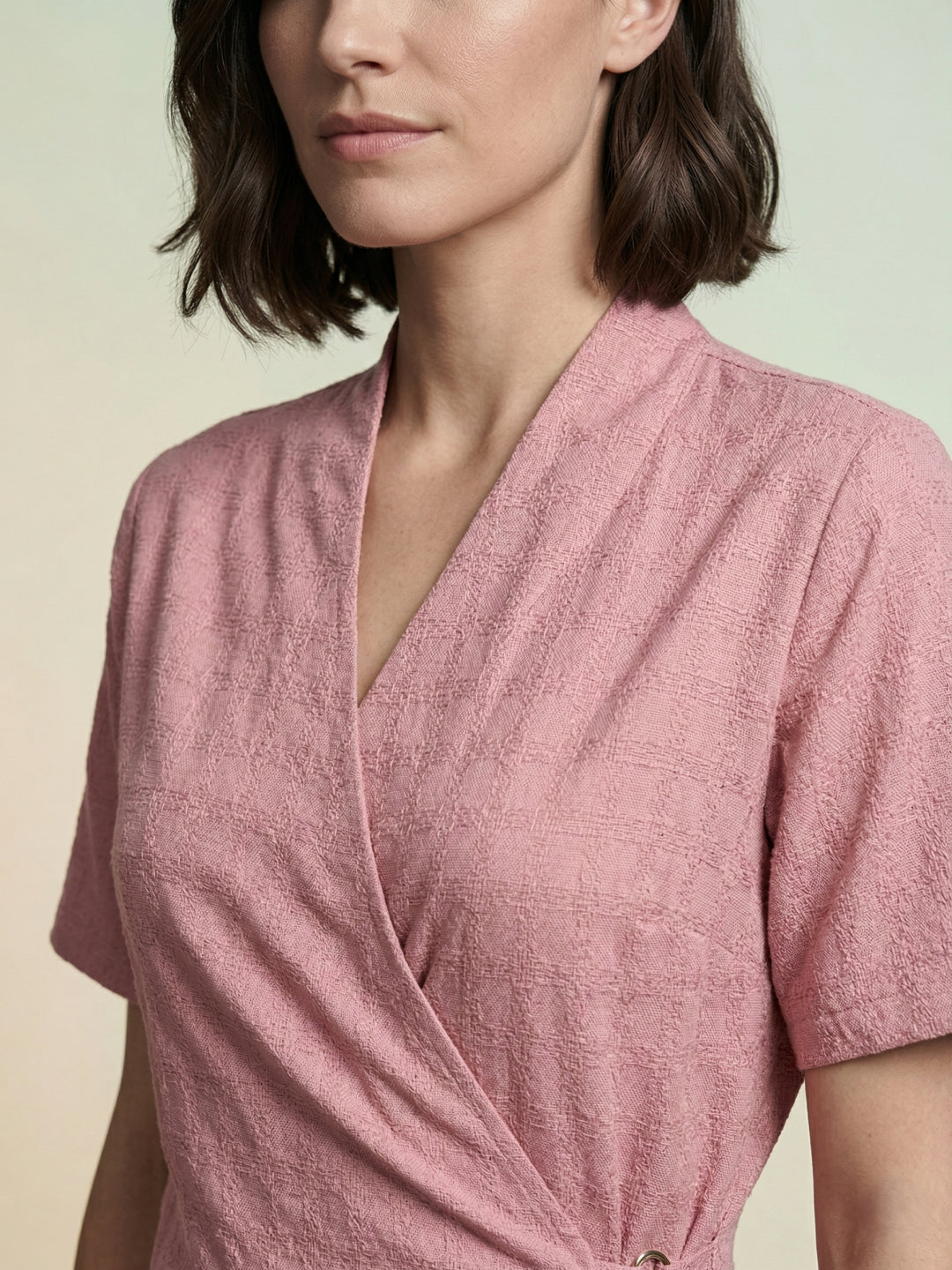 Iconic Women Pink Knitted Wrap Dress With Metal Trim