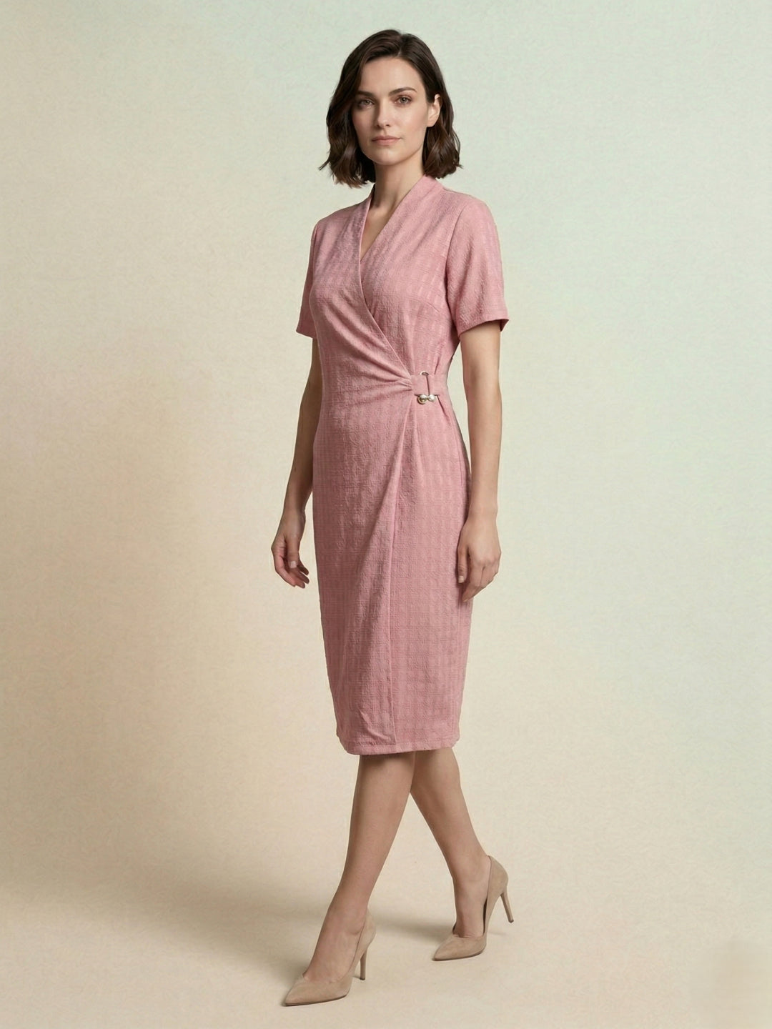 Iconic Women Pink Knitted Wrap Dress With Metal Trim