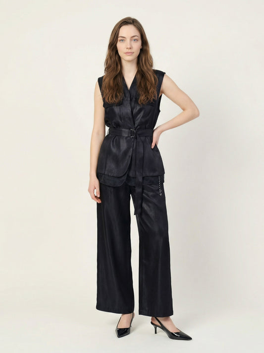 Iconic Women Black Solid Belted Jacket