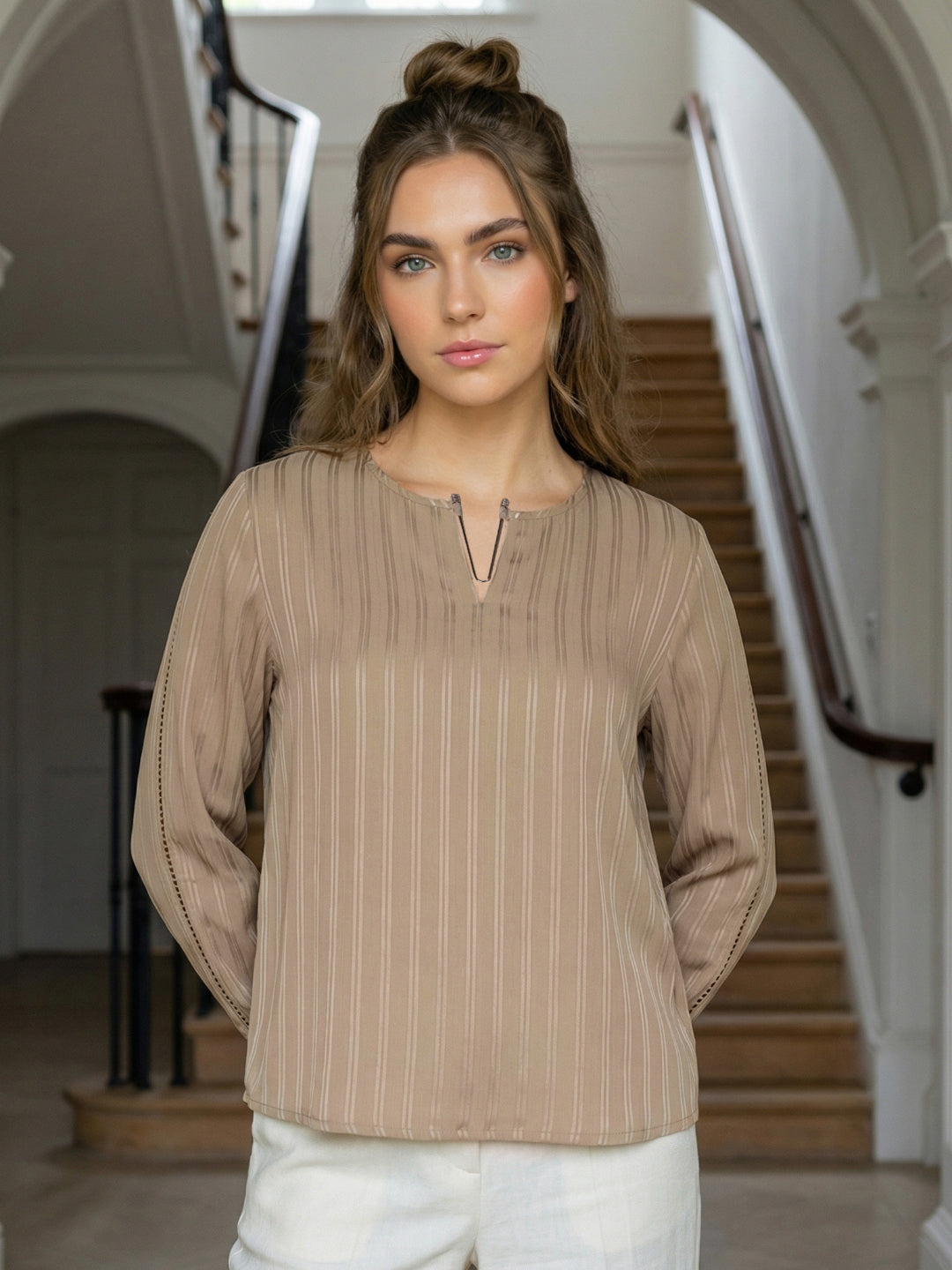 Iconic Women Brown Striped Regular Fit Top
