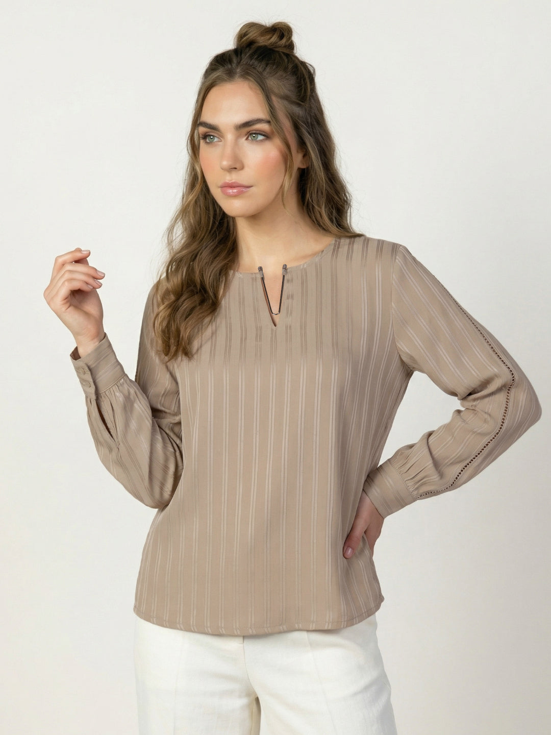 Iconic Women Brown Striped Regular Fit Top