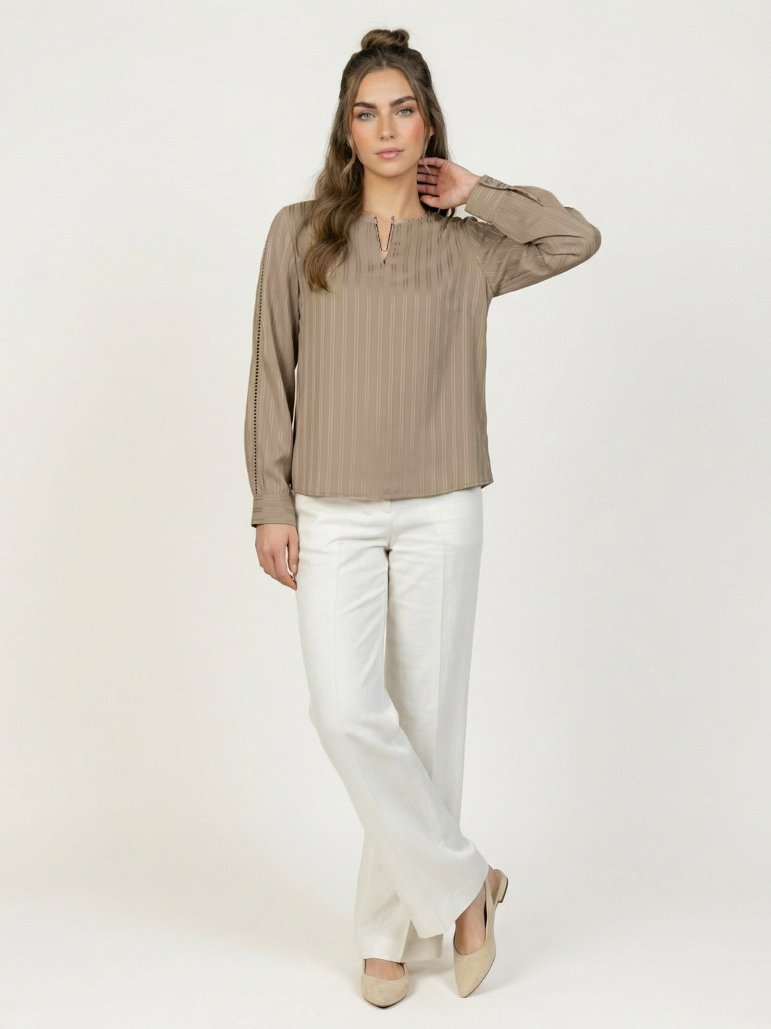 Iconic Women Brown Striped Regular Fit Top