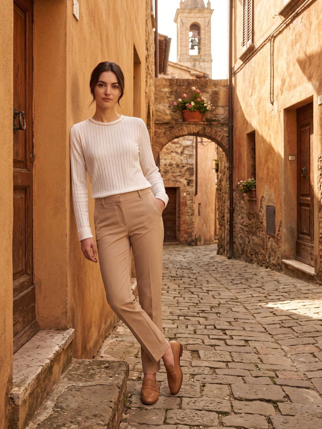 Iconic Women Cream Striped Regular Fit Top