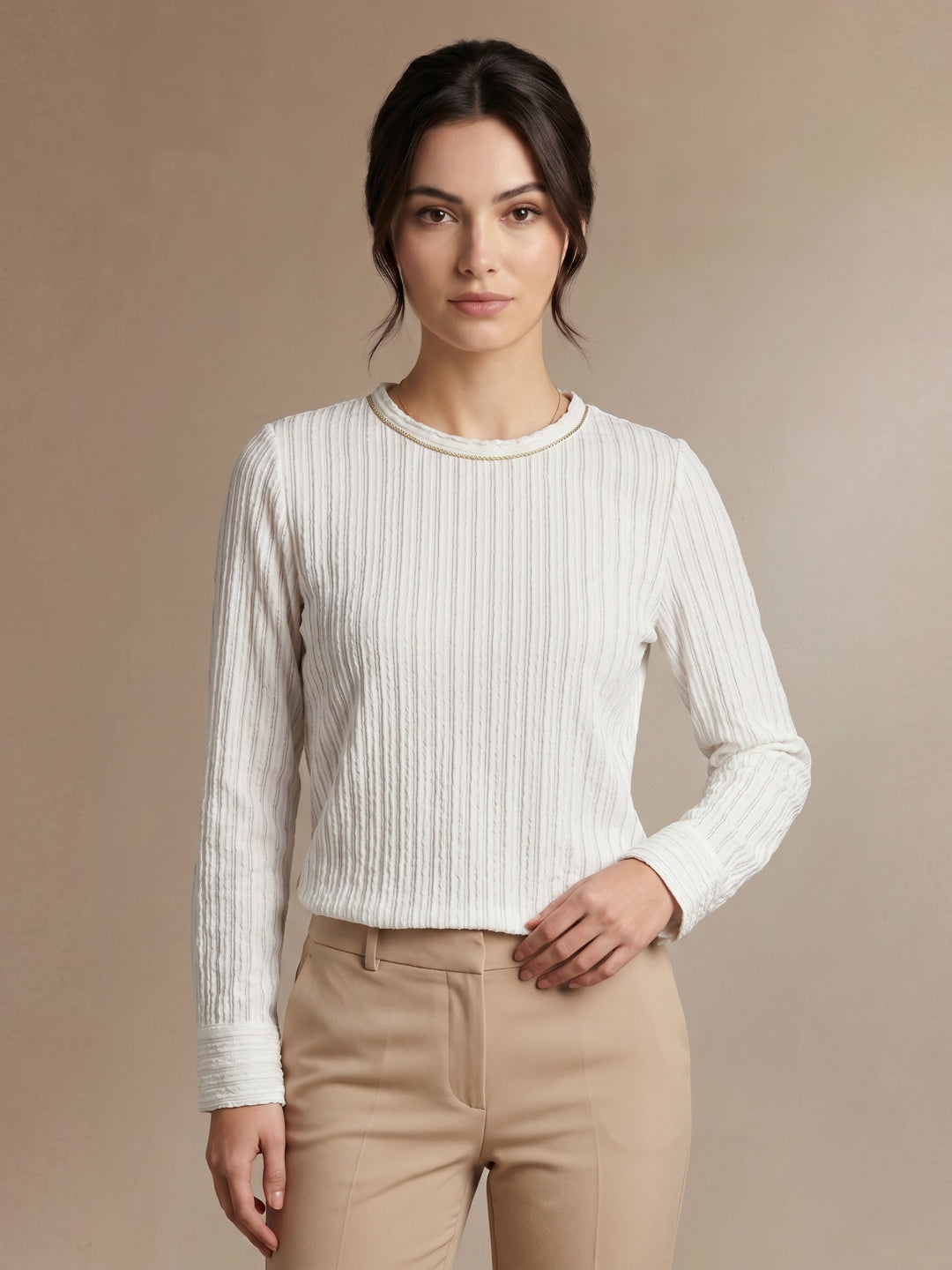Iconic Women Cream Striped Regular Fit Top