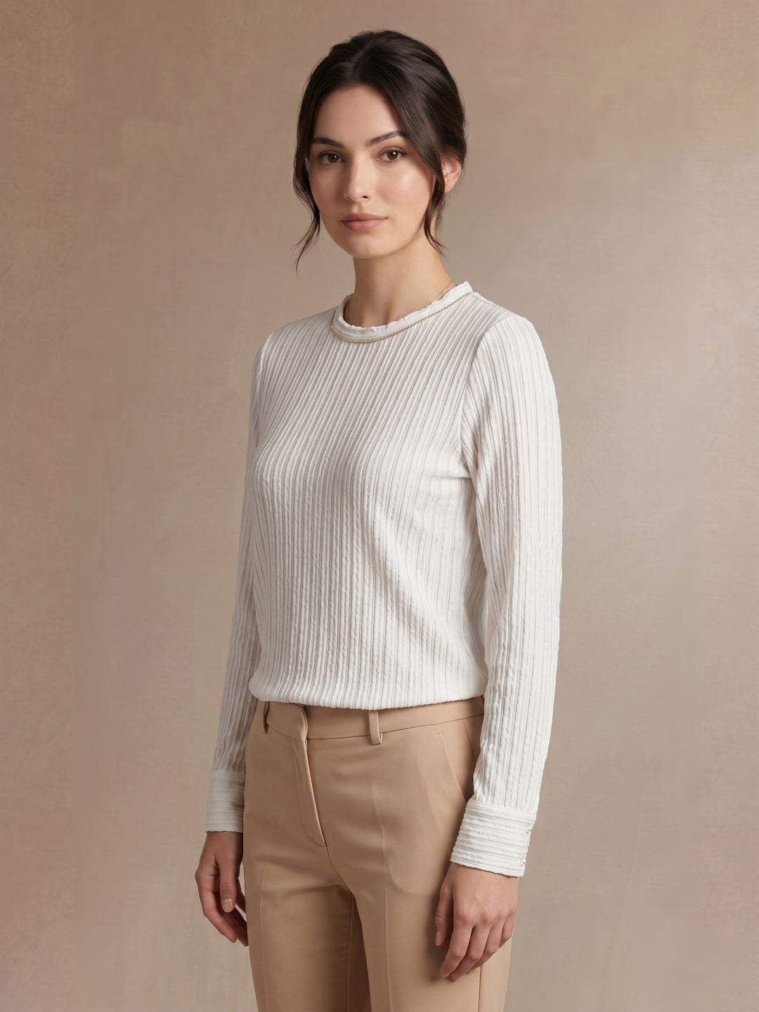 Iconic Women Cream Striped Regular Fit Top