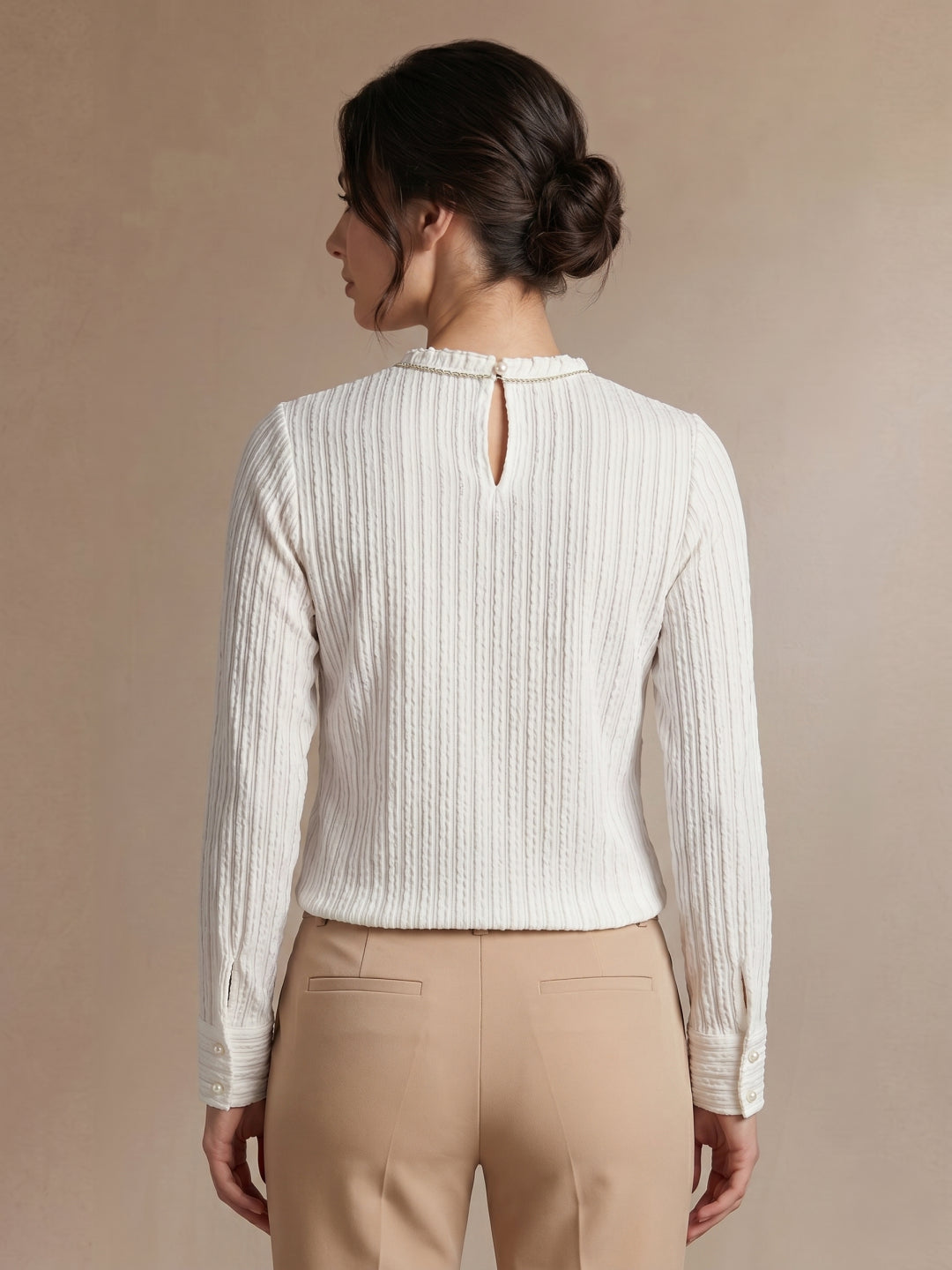 Iconic Women Cream Striped Regular Fit Top