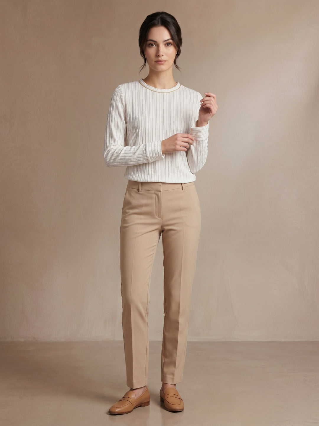 Iconic Women Cream Striped Regular Fit Top