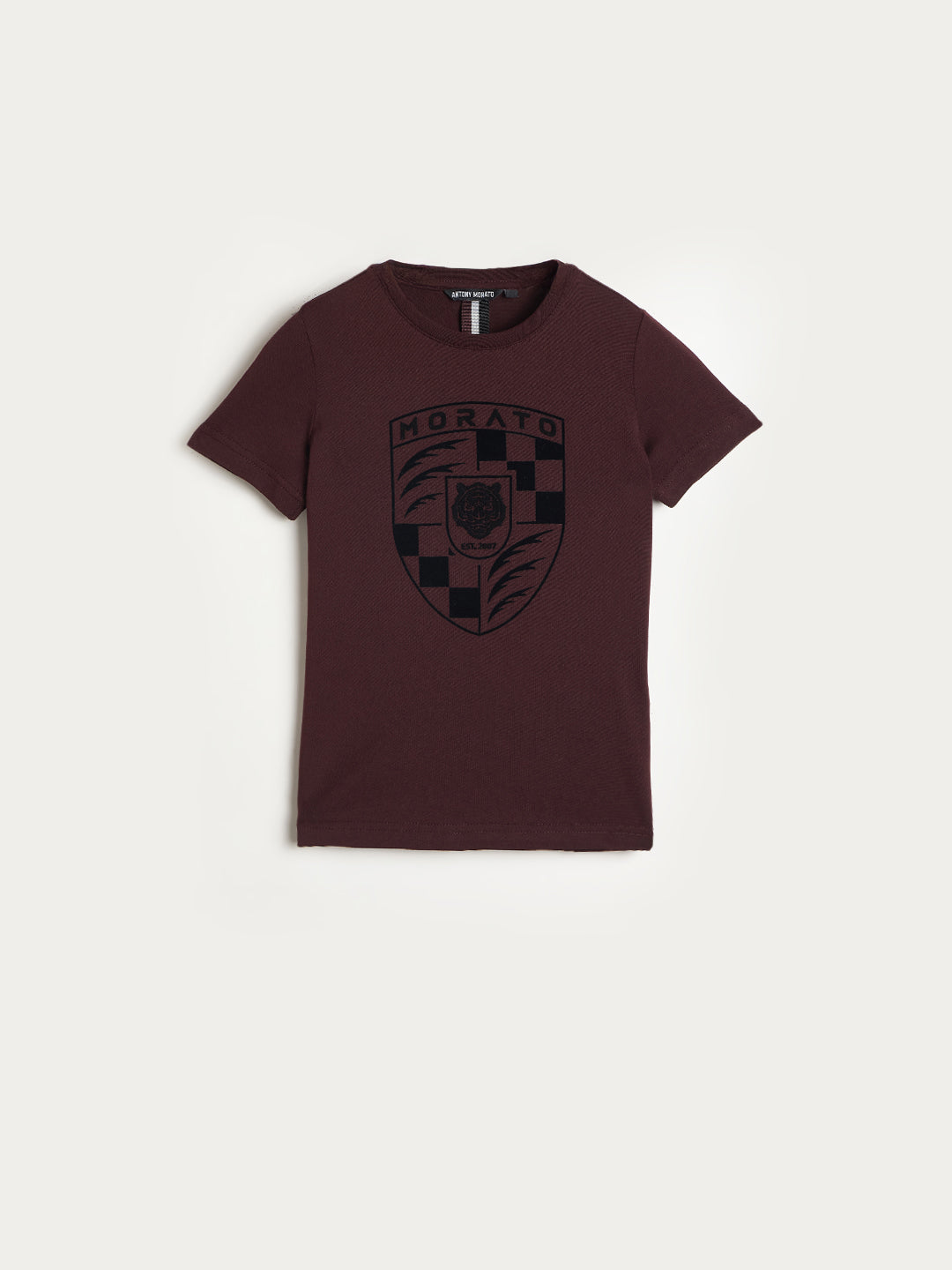 Antony Morato Boys Maroon Embroidered Round Neck T-Shirt