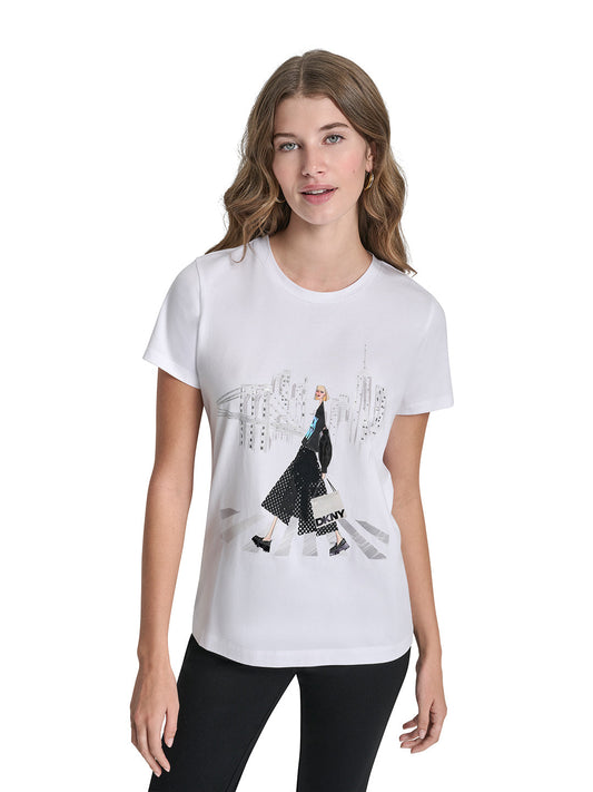 DKNY Women White Printed Round Neck T-Shirt